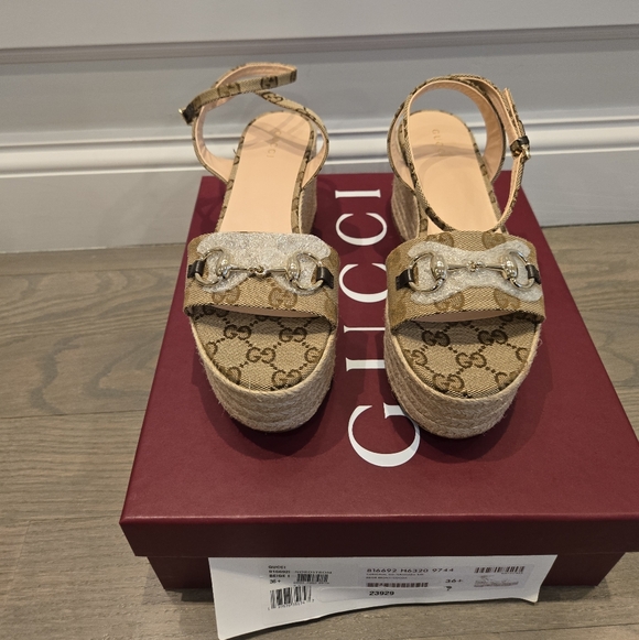 $990 Gucci Lady GG Canvas Beige Horsebit Platform Sandals EU 40.5 US 10.5 BNIB - Picture 4 of 7